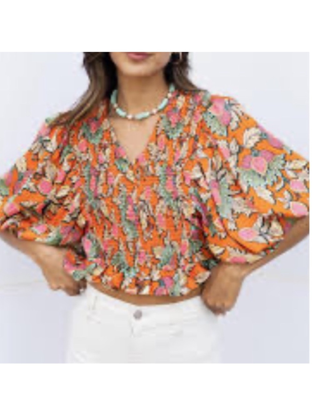 New THML Statement Orange Floral Paisley Smocked V-Neck Crop Top W Puff Sleeves